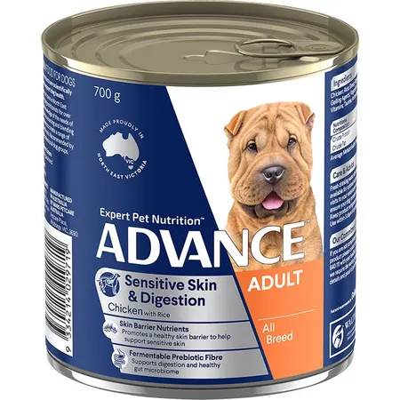 ADVANCE Adult Sensitive Skin & Digestion Wet Dog Food Chicken with Rice 12x700g Cans