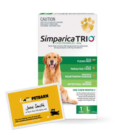 Simparica Trio Monthly Subscription - 20.1-40kg Dog Flea Tick & Worm Chew 1 Pack