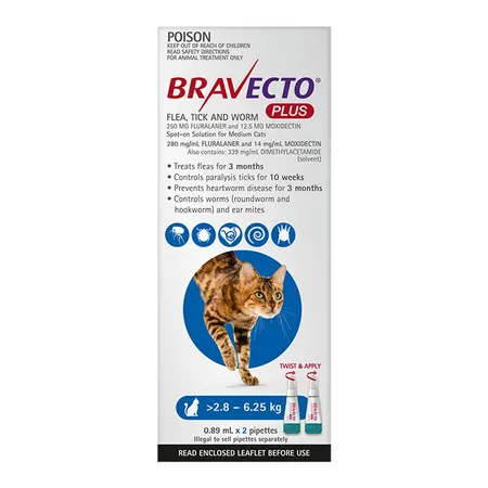 Bravecto Plus 2.8-6.25kg Cat Flea Tick & Worm Pipette 2PK