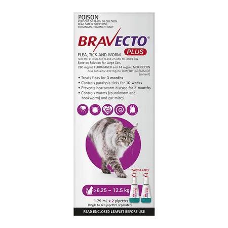 Bravecto Plus 6.25-12.5kg Cat Flea Tick & Worm Pipette 2PK